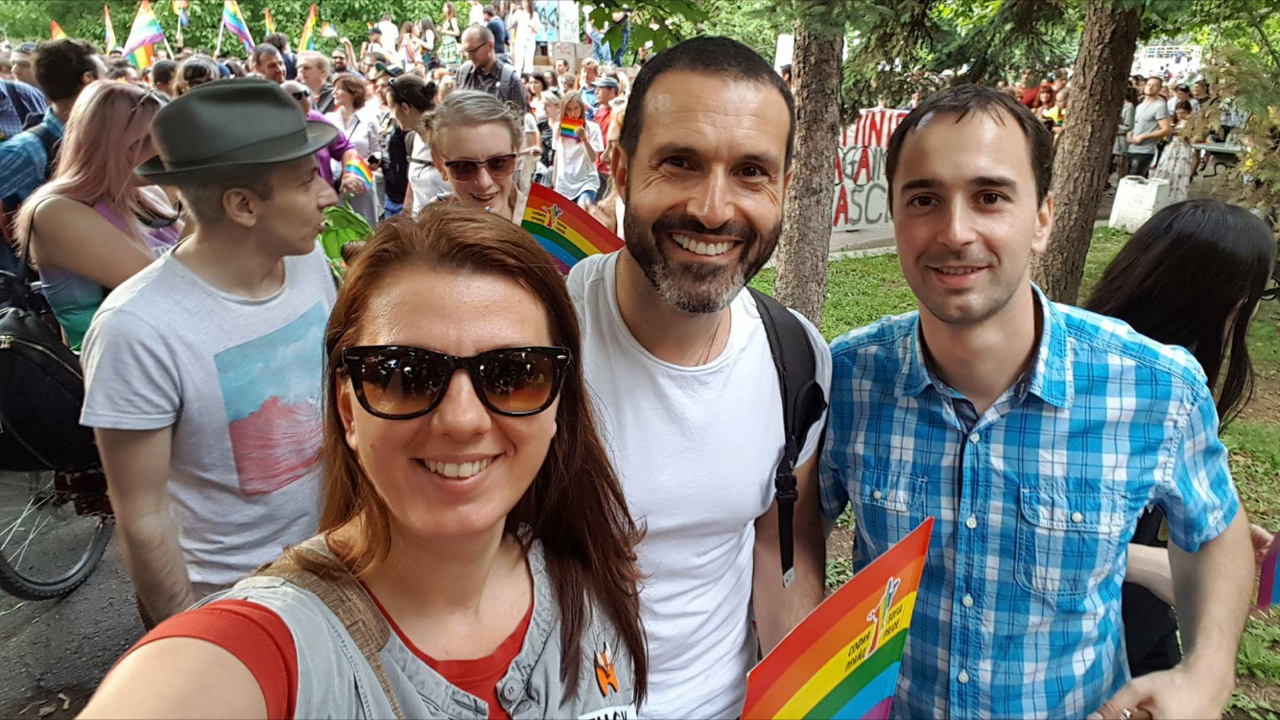Alfonso (center) at Sofia Pride with two big supporters of the event, Petya Dyulgerova on left, and Ivaylo Tsonev on right of Friedrich Naumann Foundation Southeastern Europe.