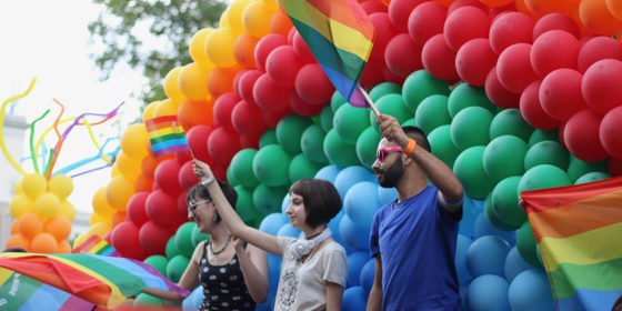 Giant balloon rainbow at Sofia Pride.