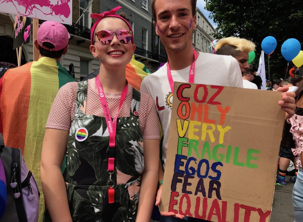 Angry young people protest Donald Tump at London Pride