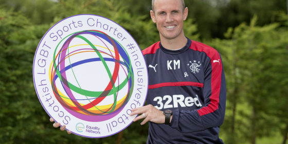 Rangers striker Kenny Miller celebrates the Scottish LGBT Sports Charter