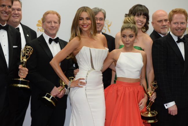 Actresses Sof?a Vergara (L) and Sarah Hyland (R) pose in the press room after winning the Outstanding Comedy Series Award for "Modern Family" during the 66th Emmy Awards, August 25, 2014 at the Nokia Theatre in downtown Los Angeles. AFP PHOTO / Mark Ralston (Photo credit should read MARK RALSTON/AFP/Getty Images)