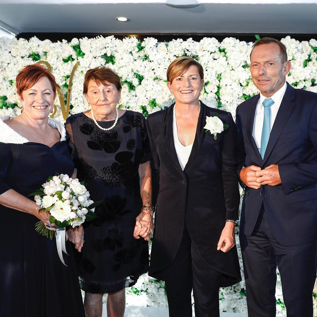 VIrginia Edwards and Christine Forster with Tony Abott and his mother, Fay