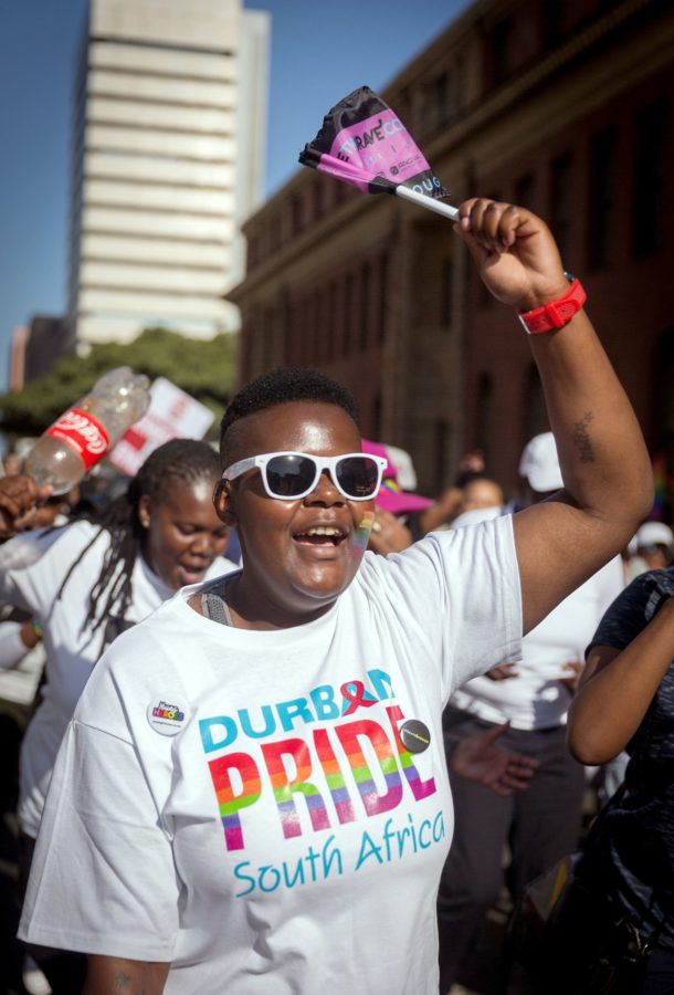 A woman chants slogans as members of the South African Lesbian, Gay, Bisexual and Transgender and Intersex (LGBTI) community take part in the annual Gay Pride Parade, as part of the three-day Durban Pride Festival, on June 24, 2017 in Durban. / AFP PHOTO / RAJESH JANTILAL (Photo credit should read RAJESH JANTILAL/AFP/Getty Images)