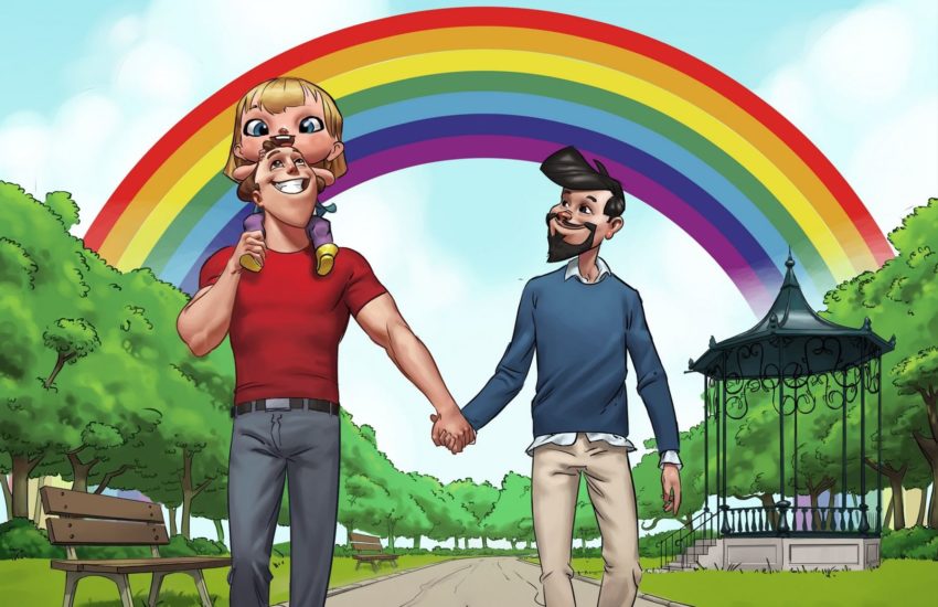 Illustrated cover of a book featuring two men holding hands under a rainbow