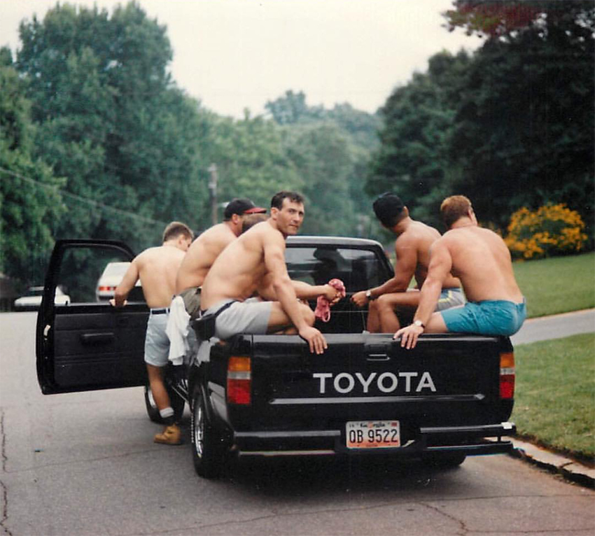 Men head home after a pool party in Atlanta, 1992