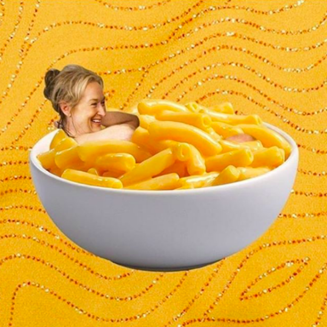 Meryl in a bowl of mac n cheese