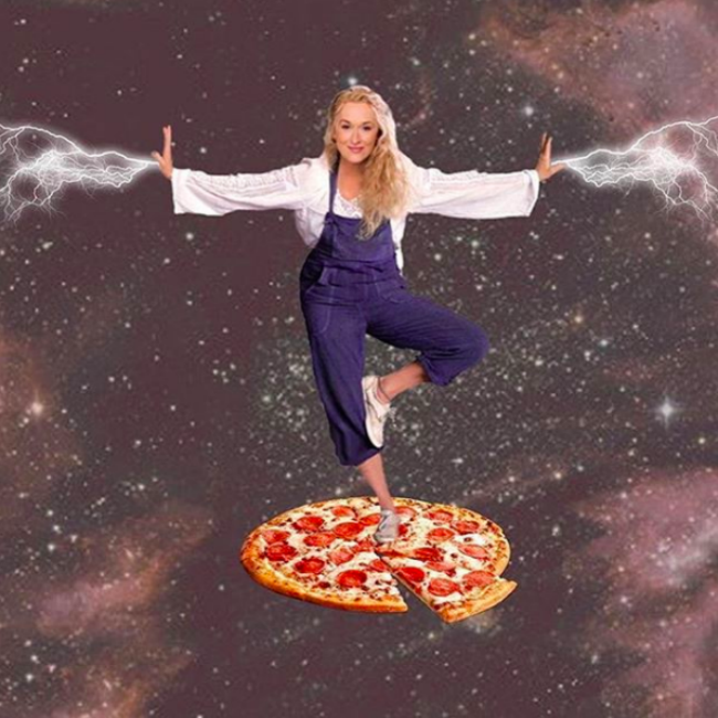 Meryl on a pizza