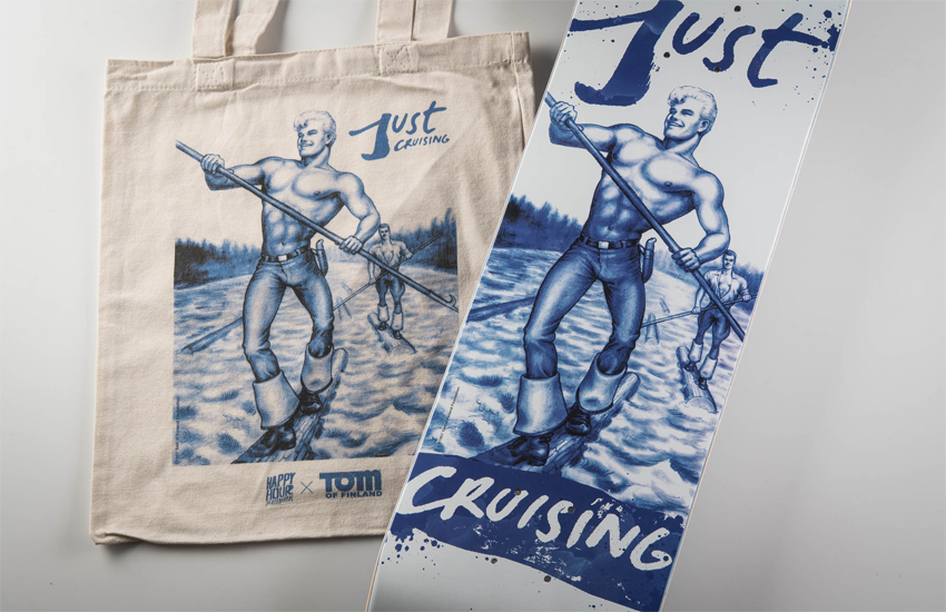 Tom of Finland Tote bag ($25) and skateboard ($85)