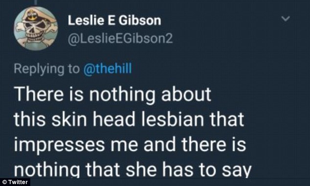 A screenshot of tweet from Leslie Gibson's twitter calling parkland survivor a skinhead lesbian