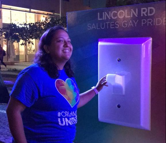 Laura switching the rainbow lights on on Lincoln road at Miami Beach Pride's Pulse tribute | Photo: Supplied / Laura Vargas