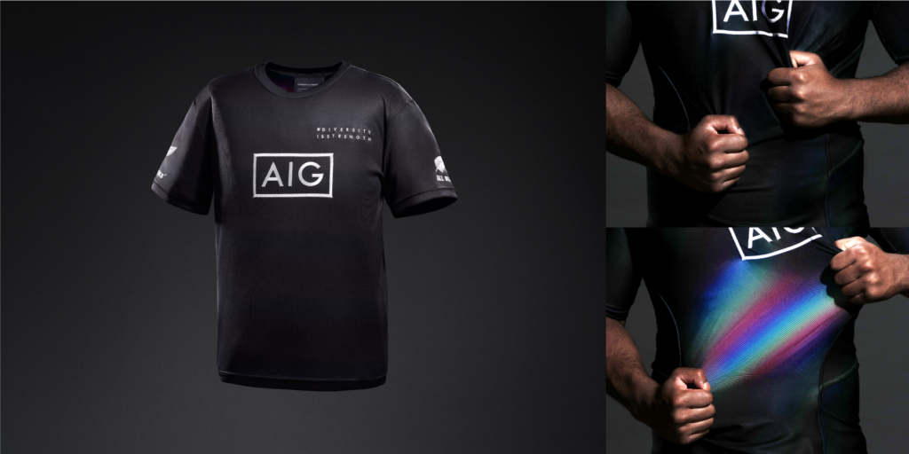 Three images of the black rugby jerseys in full black then stretched revealing the rainbow colours