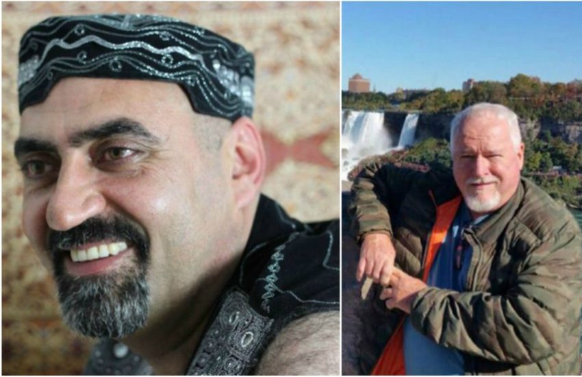 Close up shot of Abdulbasir Faizi in traditional costume and he's smiling. On the right is a photo of bruce mcarthur in front of niagra falls.