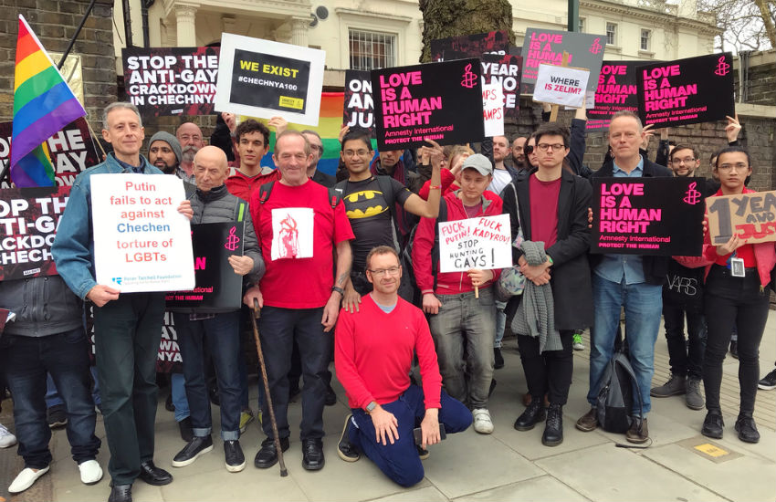 Protest against anti-gay purge in Chechnya held outside the Russian Embassy in London