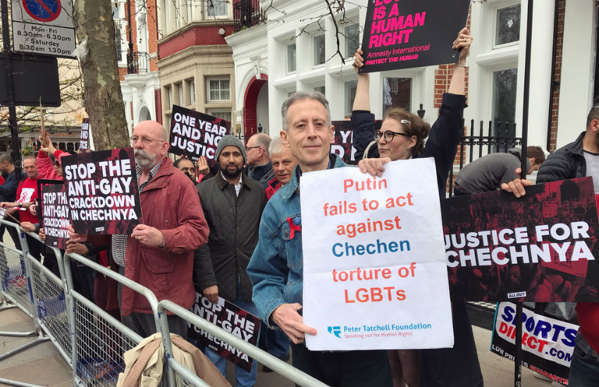 Peter Tatchell at the Anti-gay purge protest outside the Russian Embassy in London