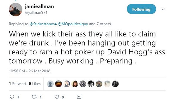 Jamie Allman's tweet about David Hogg from Parkland