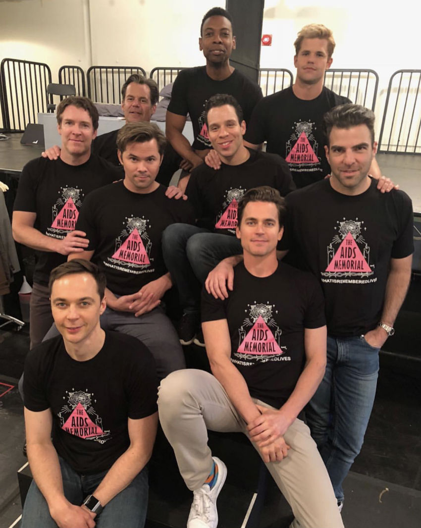 Cast members from the new production of The Boys In The Band wear TheAIDSMemorial T-shirts