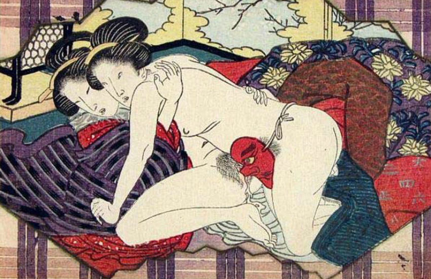 The Japanese woodblock print shows two women having sex 
