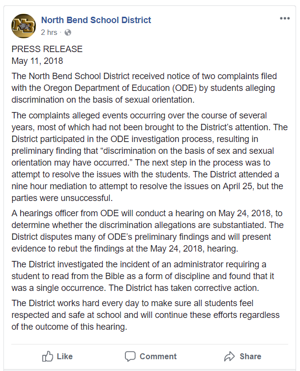 The district's FB statement