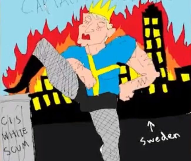 a crudely drawn cartoon with a man dressed in a swedish flag top wearing fishnet stockings has his foot on a bin saying cis het scum. behind him buildings are on fire.