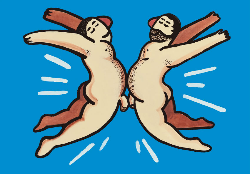 Two bear-ish men bump bellies - artwork by Carlos Radriguez