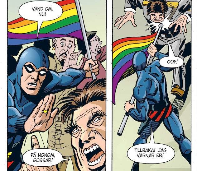 Two blocks from the Phantom comic book showing him fighting homophobes using a rainbow flag