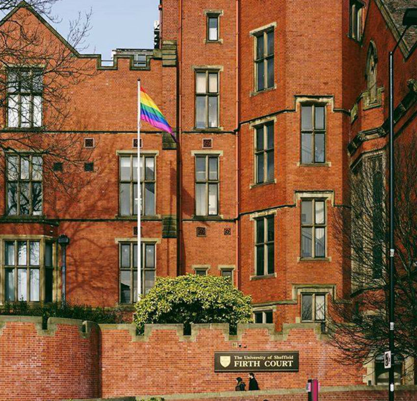 A rainbow flag flies outside The University of Sheffield's Firth Court for the UK's LGBT History Month in February 