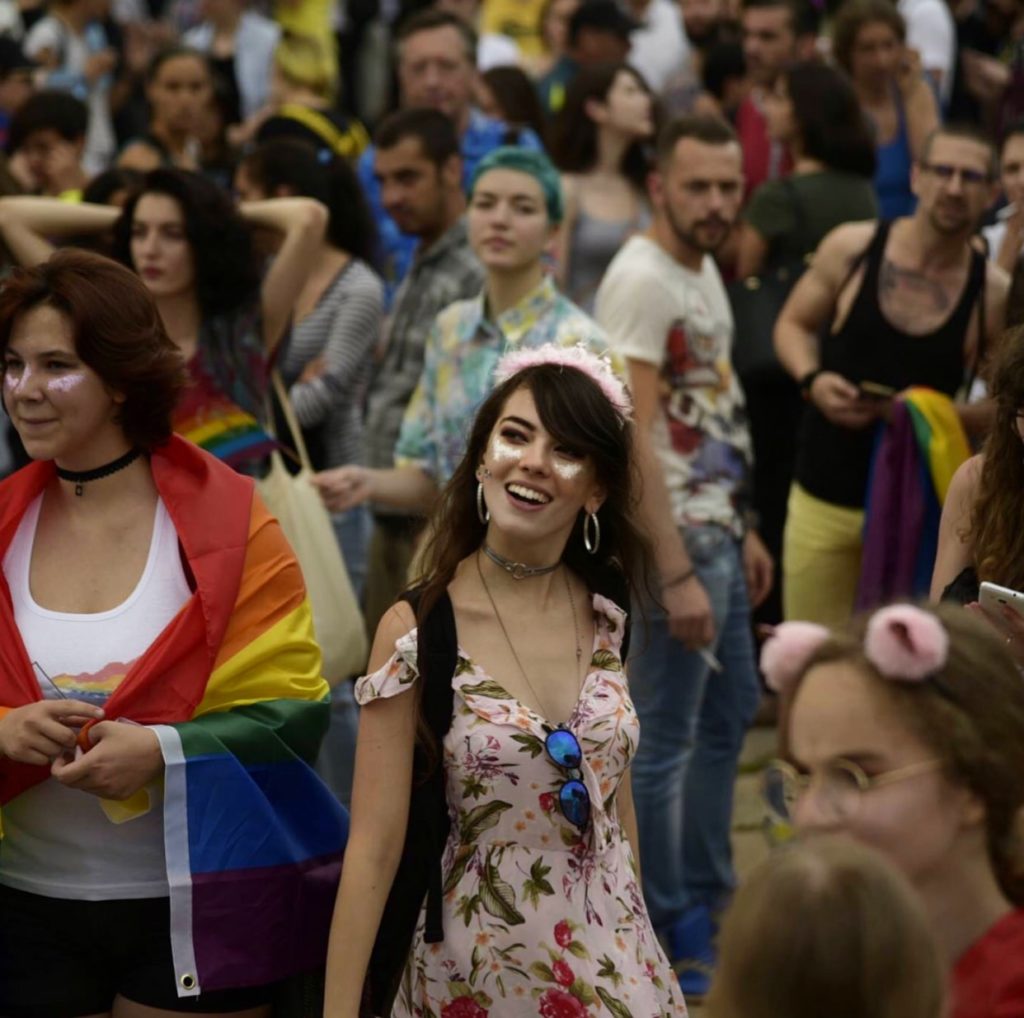 A girl in the crowd at Sofia Pride
