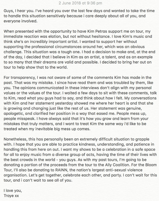 Troye Sivan's statement
