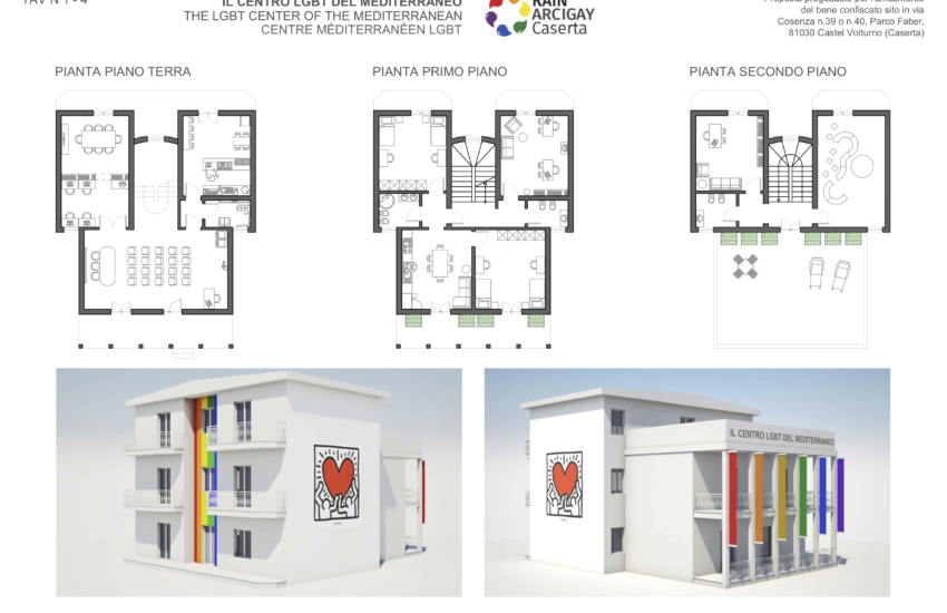 an artist rendition of a building with the rainbow coours painted down the front columns and more photos of different floor plans