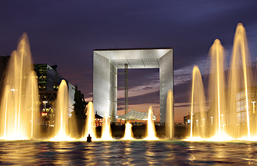 The Grande Arche at La Défense at night, near the Melia Hotel