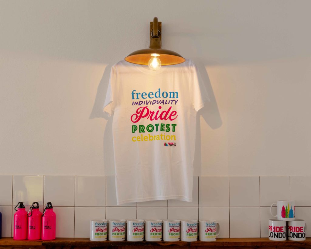 A t-shirt and a few mugs at the Pride's pop-up shop in London.