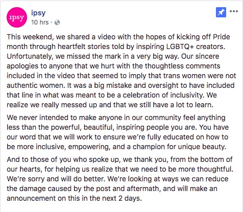 Ipsy's social media apology