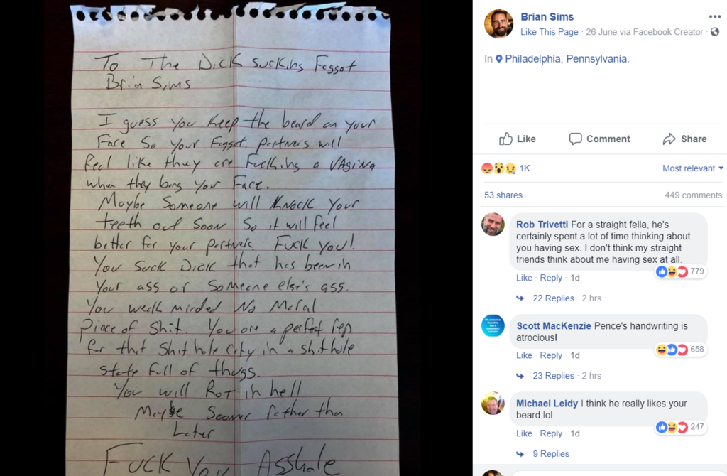 The first letter sent to Brian Sims