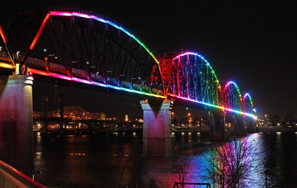 The Big Four Bridge in Louisville lit in rainbow colors