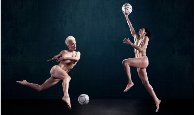 two women naked in action sport shots. one is kicking a soccer ball the other is leaping up with a basketball