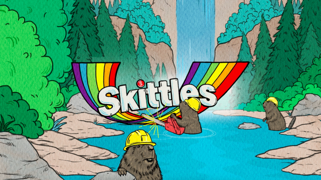 A screenshot of one of the Skittles Pride video with groundhogs chainsawing a rainbow