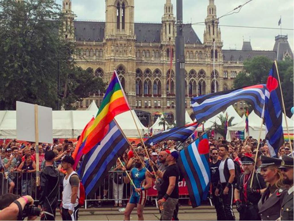 Crowd waving flags