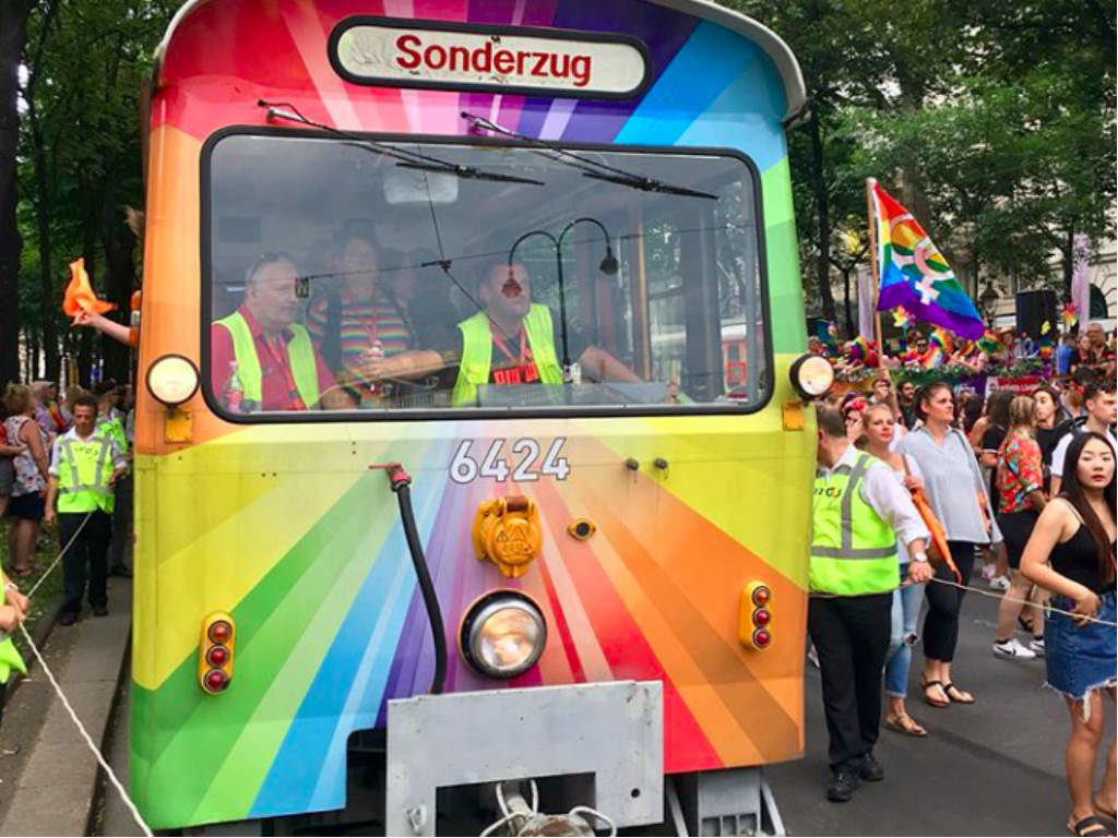 A rainbow tram in Vienna