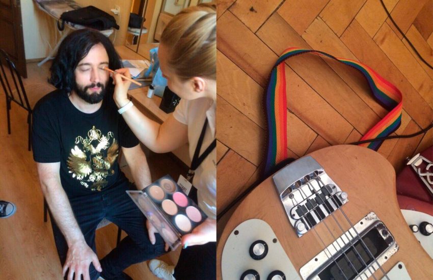 two photos, the one on the left is a man sitting on a chair getting his make up done, the left is the bottom half of a guitar with a rainbow strap underneath it