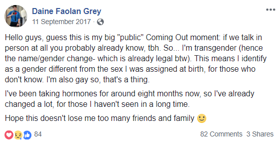 Daine Grey's coming out post