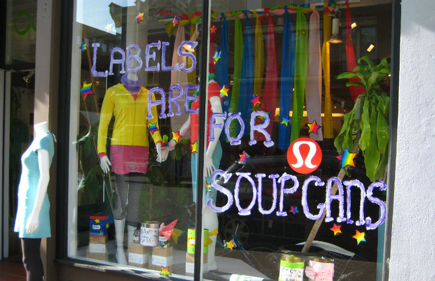 "Labels are for soup cans" written on the outside of a retail shop
