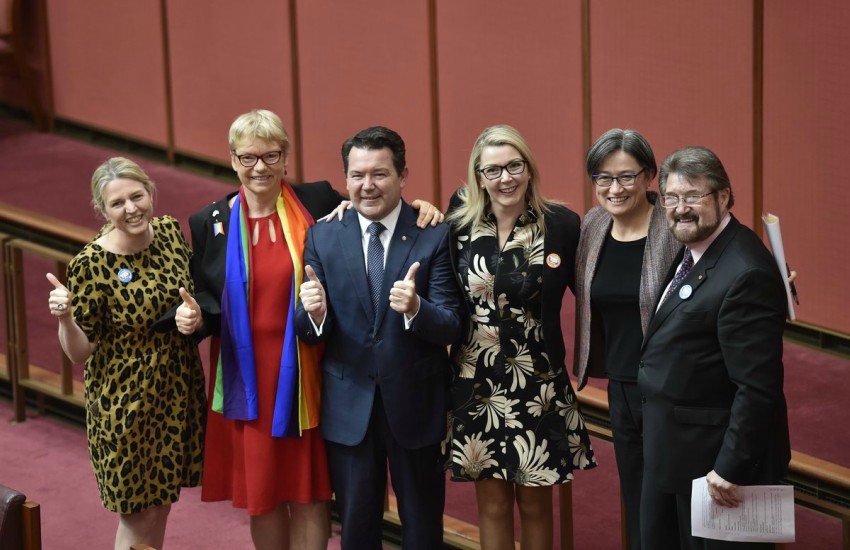 Cross-party Australian Senators in the Senate Chamber ahead of same-sex marriage bill debate