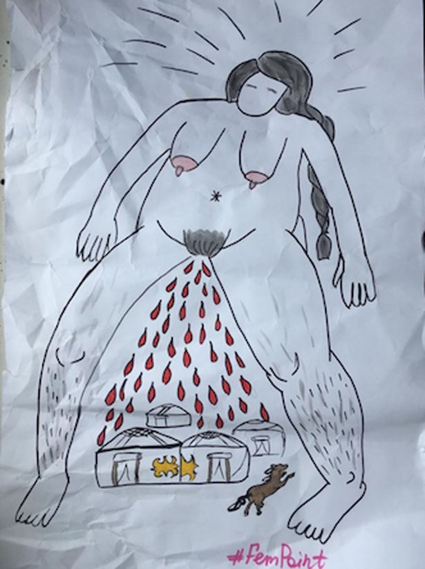 a hand drawn picture of a giant naked woman standing over some yurts as blood pours out of her vagina 