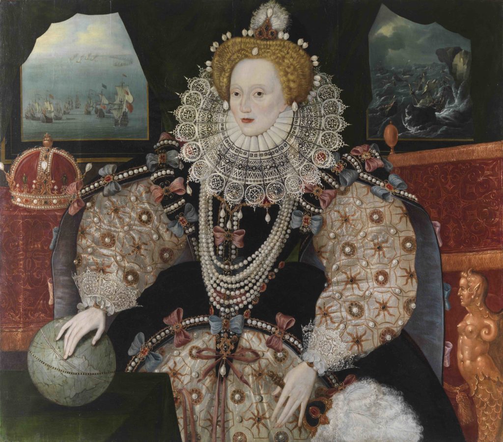 Armada Portrait after conservation, on display in the Queens House (Note the mermaid in the bottom right) | Photo: National Maritime Museum, London