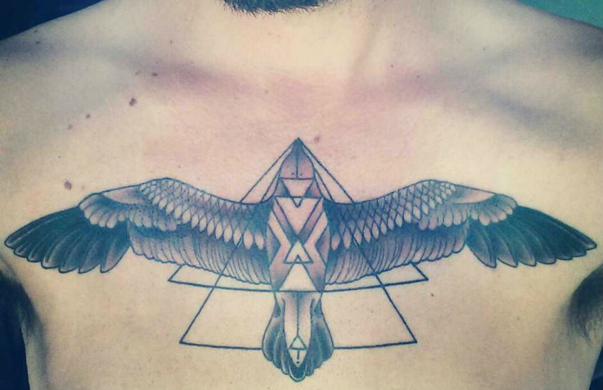 Erik Lulilian's tattoo of a bird with triangles
