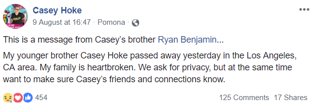 Facebook post about Casey 