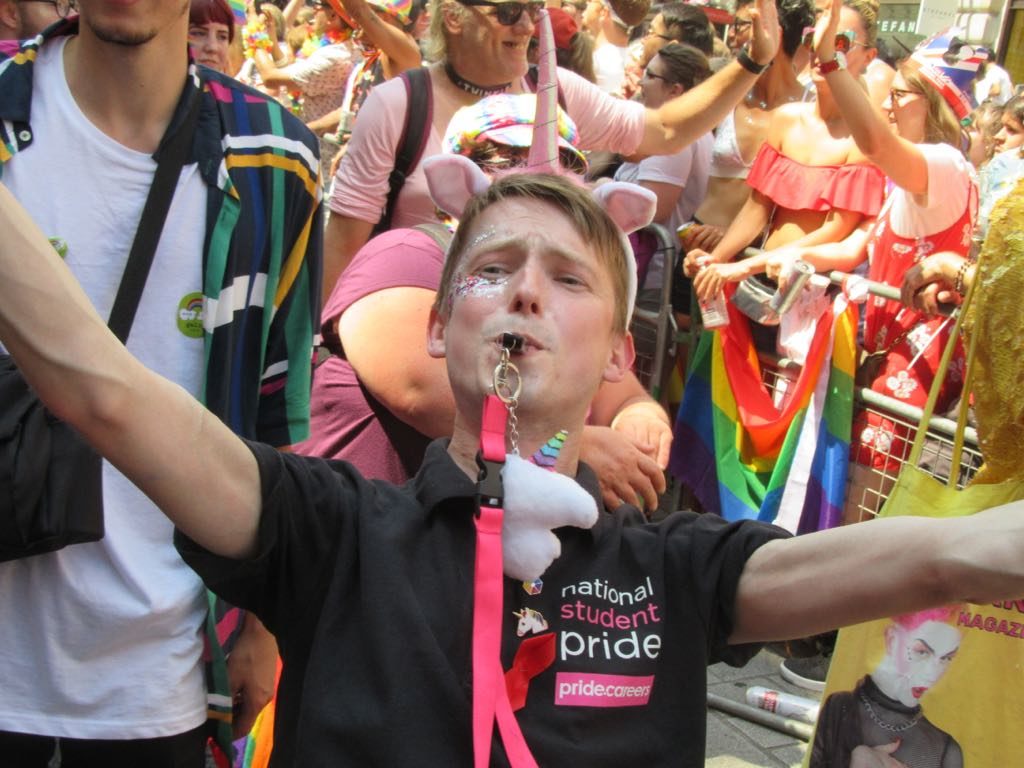 Being #QueerAF in my Unicorn costume walking with National Student Pride at Pride in London 2018 | Photo: Patrick Reardon-Morgan