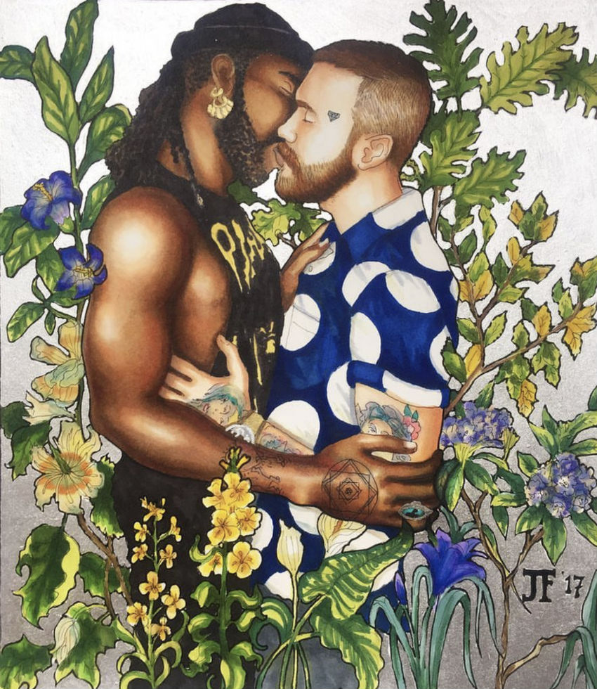 A couple embrace in one of Falciano's painting from 2017 