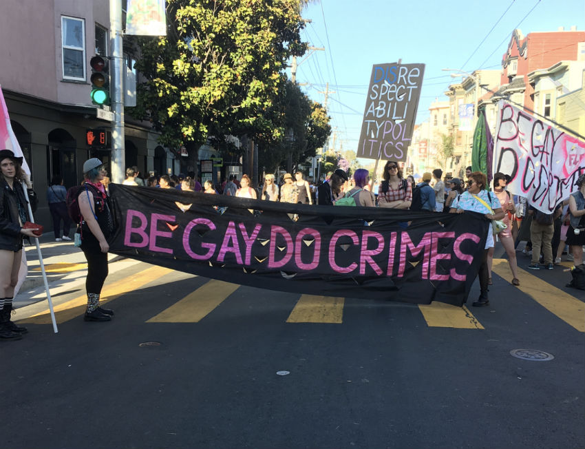 A banner held during the Dyke March in San Francisco in June