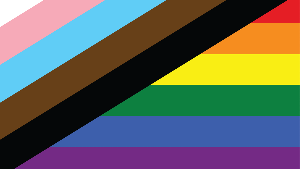 A new Pride flag featuring the trans flag intersecting the original rainbow flag while centering black and brown people of color.